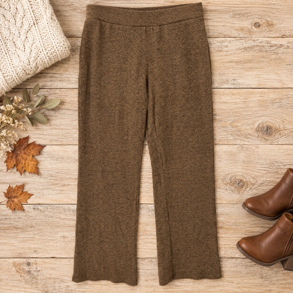 Time and Tru Ribbed Knit Wide Leg Pants M 8-10 Brown Cozy Minimalist Lounge